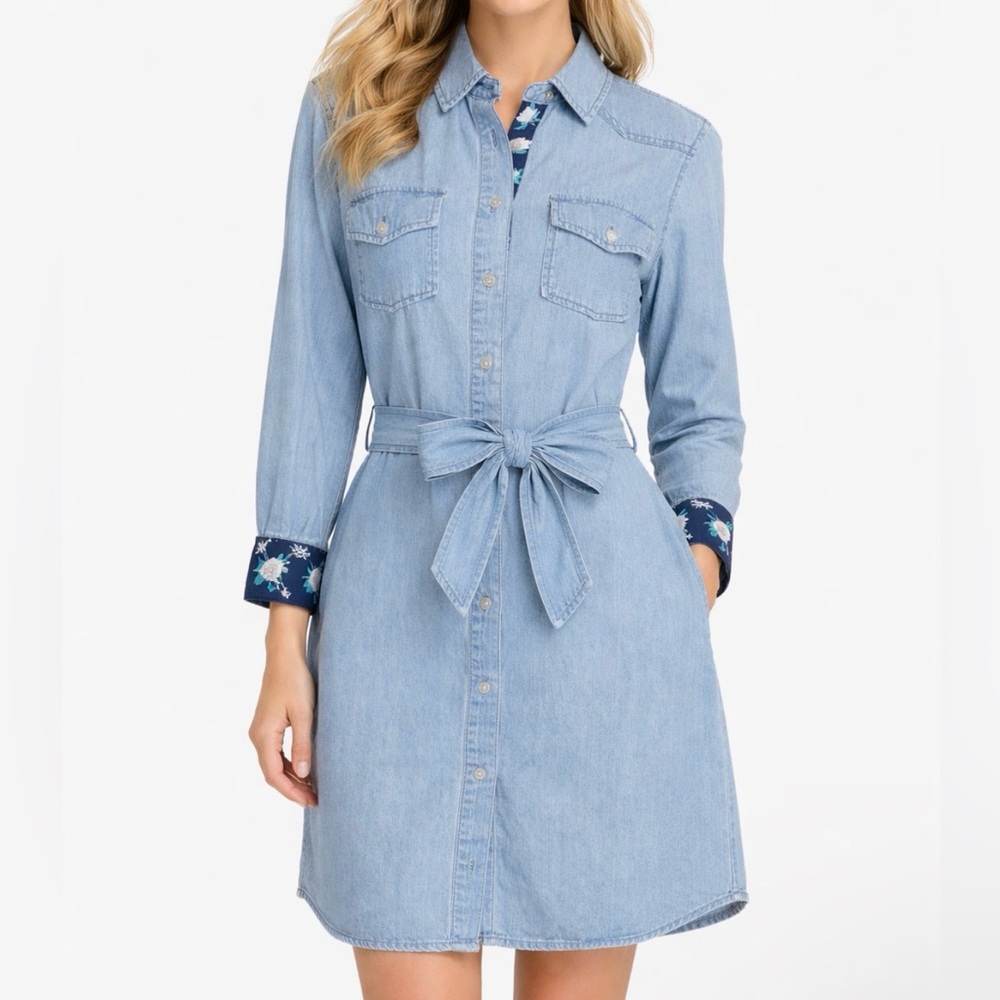 Draper James Women Size 6 Denim Shirtdress Light Wash Floral Trim Cuff Tie Waist